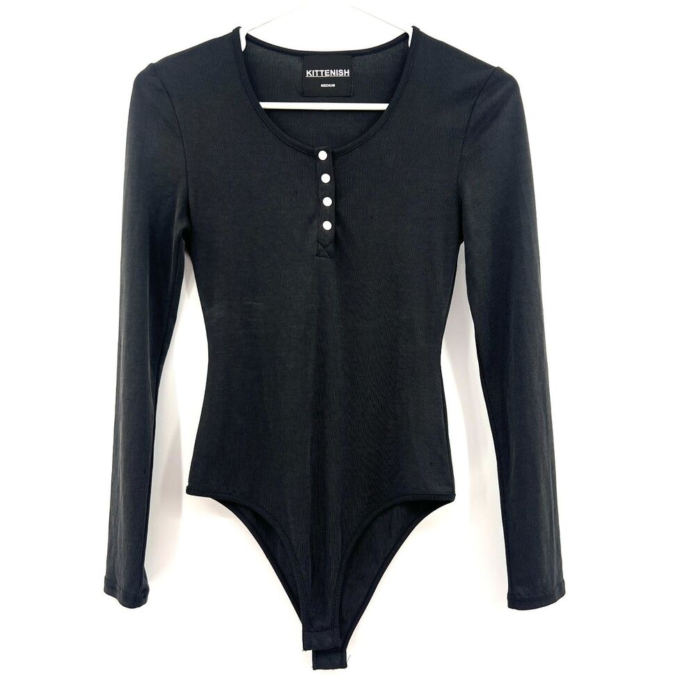 Kittenish Charcoal Ribbed Long Sleeve Henley Bodysuit Womens Medium Snap Button